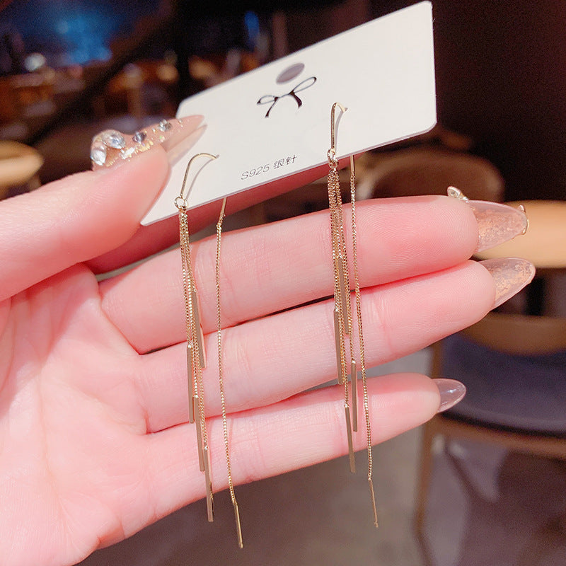 925 Silver Pin Earrings Classic Long Geometric Tassel